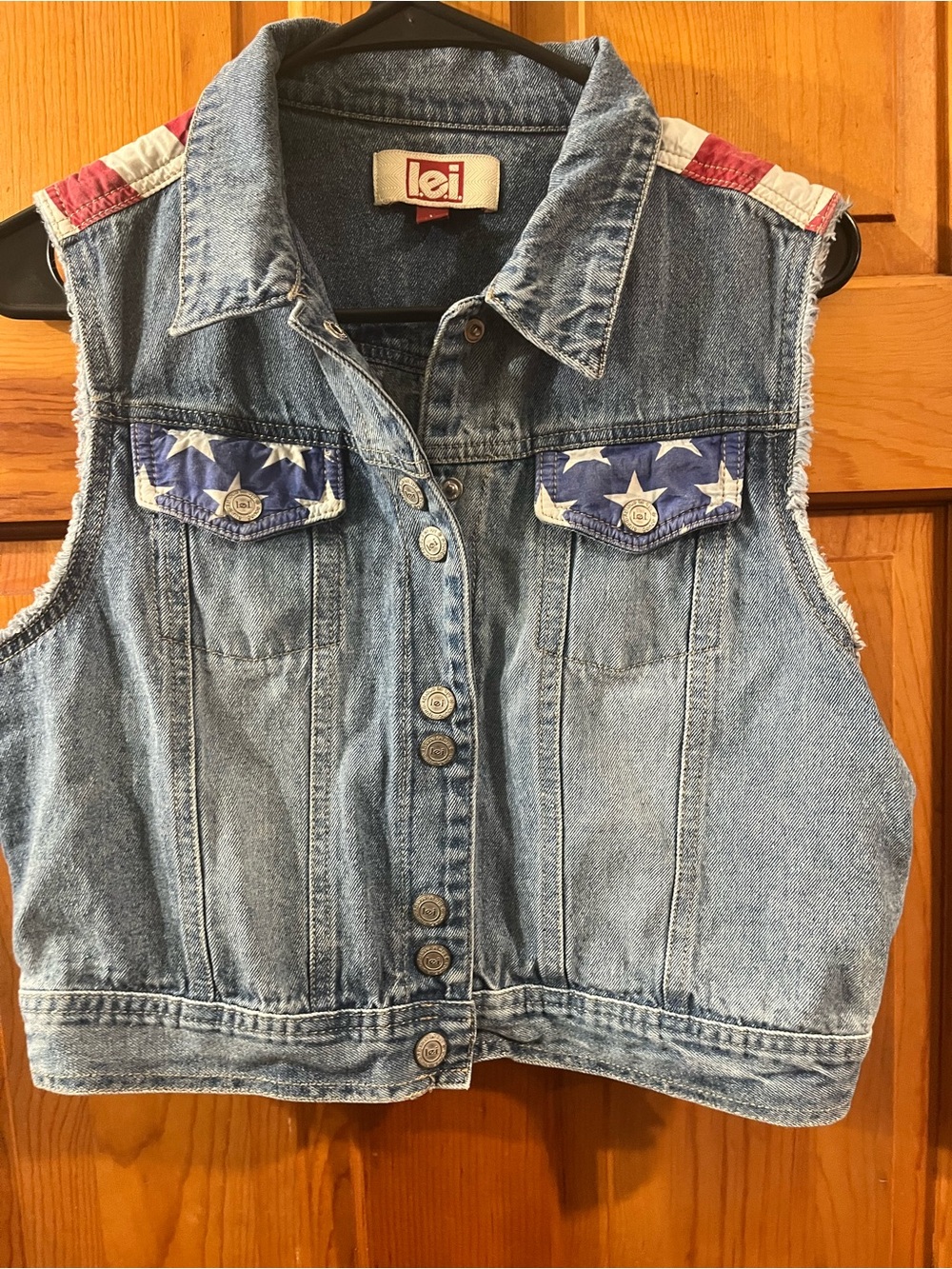 LEI Denim Cropped USA Flag Vest Women’s Jrs Large Y2K Vintage Patriotic July 4th